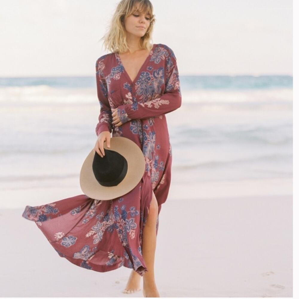 Free People Miranda Midi Dress boho floral burgundy fairy western festival Sz 2